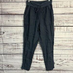 FLAX Womens 100% Linen Cropped Pant Drawstring Pockets Gray Lagenlook Beach P XS